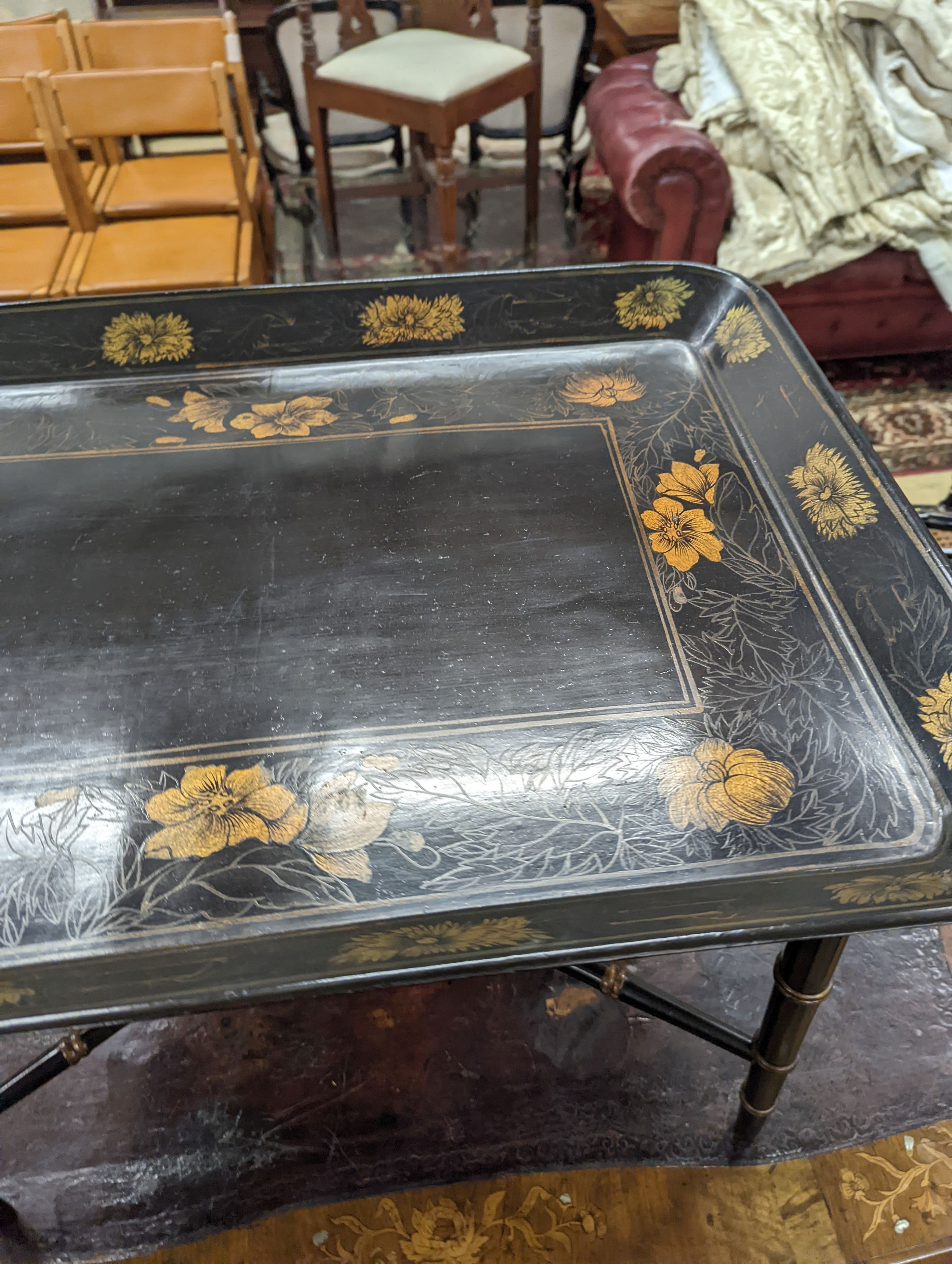 A Regency style rectangular papier mache tray top table, width 76cm, depth 56cm, height 54cm